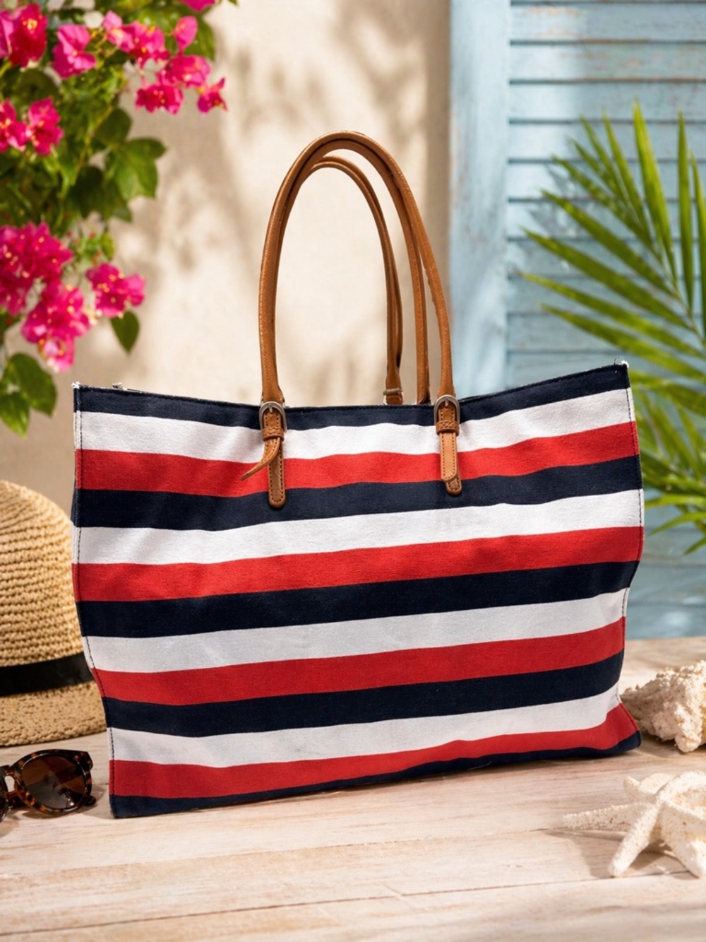 Talbots Red, White & Navy Striped Tote with Tan Handles